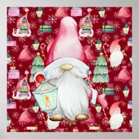 Christmas Santa Gnome & Red Pattern Background Poster