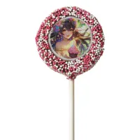 Pretty Anime Girl's Birthday Cupcake Chocolate Covered Oreo Pop