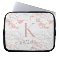 Elegant Pink Rose Gold Foil Marble Monogram Laptop Sleeve
