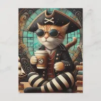 Cute Pirate Cat with Coffee Postcard