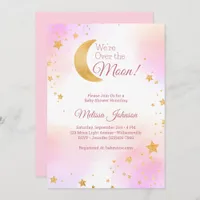 Dreamy Pink We're Over the Moon Girl Baby Shower Invitation