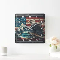 Majestic Eagle Perched by Mountain Lake at Dusk Square Wall Clock