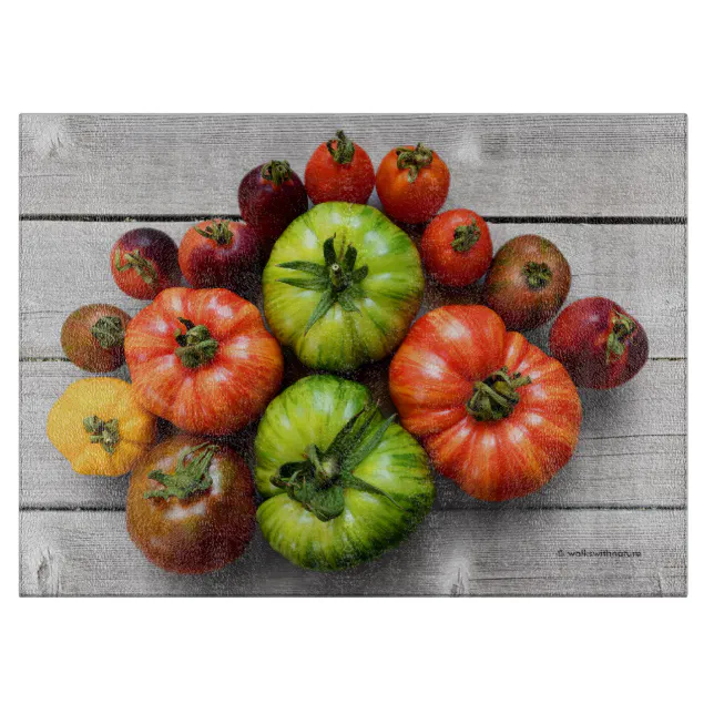 Colorful Striped Tomatoes on Weathered Table Cutting Board