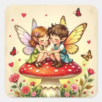 Cute Fairies on Retro Mushrooms Vintage Square Sticker