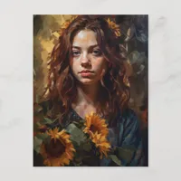 Woman Holding Sunflowers Postcard