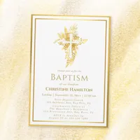 Gold Cross Floral Frame Baptism Invitation