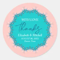 Rose Pink + Aqua Teal Fractal Lace Thanks Classic Round Sticker