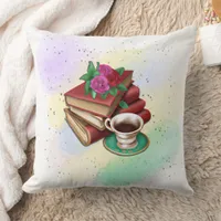 Coffee and Stack of Books Throw Pillow