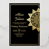 Star Mandala Frame Elegant Black Gold Foil Wedding Invitation