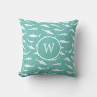 Shark Frenzy Blue White Monogram Throw Pillow