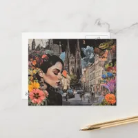 The Lady in a City Collage Flowers Buildings Frogs Postcard