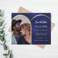 Navy blue photo arch wedding Save the Date card