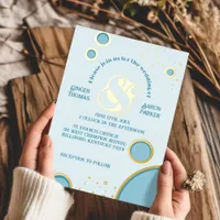 Retro Ampersand Blue Circles Groovy Wedding Gold  Foil Invitation