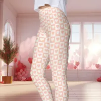 Peach Checkerboard Heart Valentine's Day Leggings