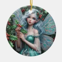 Beautiful December Fairy in Holly Ceramic Ornament