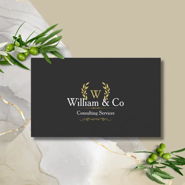 Classic Laurel Wreath Black Gold Monogram Business Card