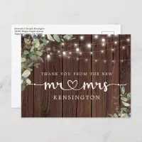 Rustic Wood Lights Eucalyptus New Mr Mrs Thank You Postcard