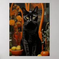 A Gorgeous Black Cat in an Orange Chair Poster