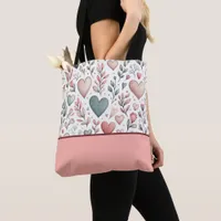 Teal, Red, Pink Hearts and Flowers, Color Block Tote Bag