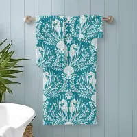 Coastal Damask Seahorses Teal Blue White Pattern Bath Towel Set