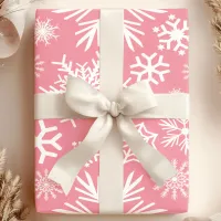 Pink and White Christmas Winter Snowflakes Pattern Wrapping Paper