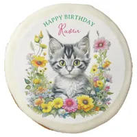 Gray Kitten Themed  Girl's Birthday Personalized Sugar Cookie