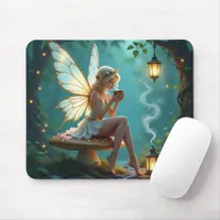 Fairy in Enchanted Forest Drinking Coffee Mouse Pad