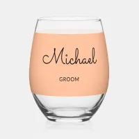 Groom Monogrammed Stylish Custom Wedding Peach Stemless Wine Glass