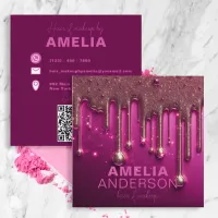 Fancy Chic Glam Pink Paint Drip Hair Makeup Square Business Card