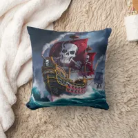 Pirate Ship Sailing Through Stormy Waters at Dusk Throw Pillow