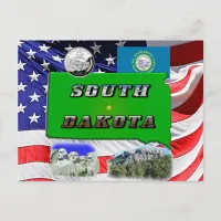 South Dakota Map, Photo Text, Faux Quarter & Flag Postcard