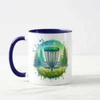 Disc Golf Basket and Pine Trees Blue and Green Mug