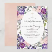 Violet, Plum and Blush Floral First Holy Communion Invitation