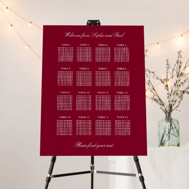 Burgundy 16 Table Wedding Seating Chart Foam Board