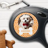 Orange And White Dog Bone Paw Pattern Pet Photo Retractable Pet Leash