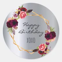 Birthday silver florals gold burgundy classic round sticker