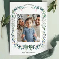 Green Bow Watercolor Wreath Christmas Photo Holiday Card