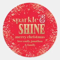 Sparkle Shine Gold typography Merry Christmas Red Classic Round Sticker