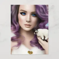 The Purple Haired Woman and A Cute Stuffed Sheep Postcard