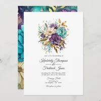 Teal, Purple, and Gold Floral Wedding Invitation