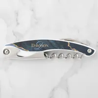 Trendy Navy Blue Agate Gold Glitter Monogram Waiter's Corkscrew