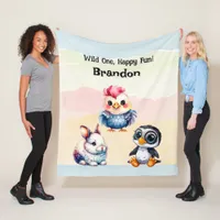 Wild One Happy Fun Woodland Animals Watercolor Fleece Blanket