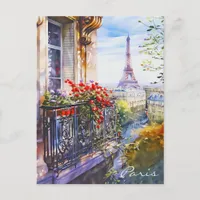 Eiffel Tower Paris Balcony Watercolor Art Travel Postcard