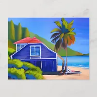 Blue Beach House and Palm Tree | Keeping in Touch Postcard