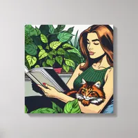 Comic Book Style Woman, Cat and Book Canvas Print