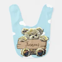 Cute Personalized Teddy Bear Blue and Brown Baby Baby Bib
