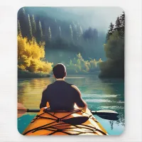 Serene Kayaking Scene | Man in Kayak in Mountains Mouse Pad