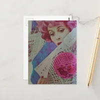 Pretty Pink Hair Retro Lady Mixed Media Collage Postcard
