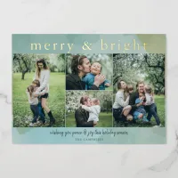 Aqua Merry and Bright Abstract Photo Collage  Foil Holiday Card