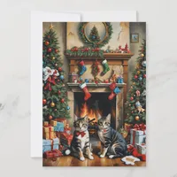 Festive decorated room, fireplace, cats, vintage  invitation